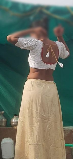 Stepsister is trying to touch stepbrother sister wearing blouse bra saree after taking open bathroom bath
