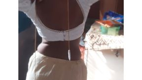 Stepsister is trying to touch stepbrother sister wearing blouse bra saree after taking open bathroom bath