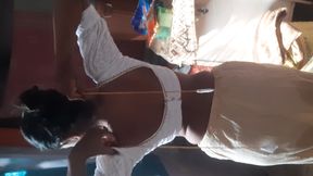 Stepsister is trying to touch stepbrother sister wearing blouse bra saree after taking open bathroom bath
