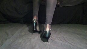 Sissy leather toes heels show red toes nails in nylons
