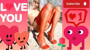 She strips naked in public with red pantyhose and heels