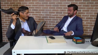 Bearded businessman foot worshipped by kinky Latino stud