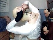 Anime Girl Happi Pt 4! Female mask Happi girl tries to unmask from her tight female mask? A lock?!!