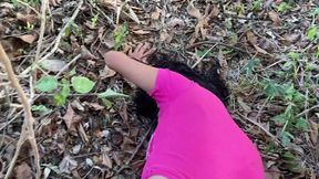 I find her outdoors and running inside a girl in the woods.