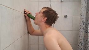 Sexy Twink Showing Muscles, Sucking Huge Cucumber And Destroying His Own Asshole With It