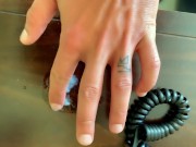 Amateur twink cums on a table and rubs his cum - Under balls view angle