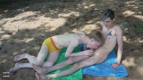 Twinks Make Risky Blowjob on Public Beach Outdoors