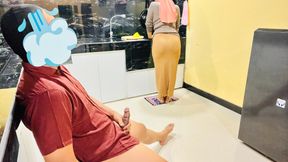 Big ass hijab maid catches boss masturbating in the kitchen