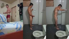 joven moreno estudiante colombiano saca su leche en el bano completo