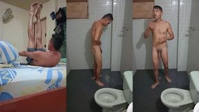 joven moreno estudiante colombiano saca su leche en el bano completo