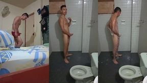 joven moreno estudiante colombiano saca su leche en el bano completo