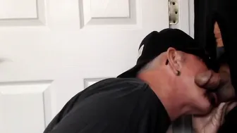Mature DILF with moustache and glasses sucks cock at homemade gloryhole