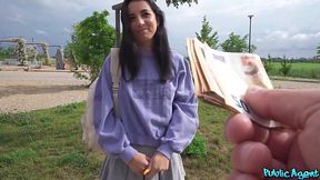 Risky public fuck for money with teen Italian babe Victoria Nyx in cute skirt and socks