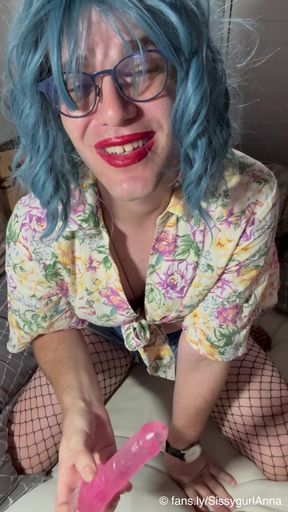 Amateur Sissy Anna in Chastity talking to Daddy while playing with her Dildo