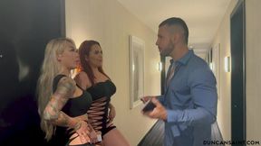 Two curvy babes welcome me with hot blowjob and doggy style