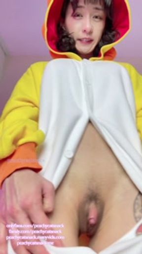 Cute Asian fit girl gets dripping wet and super horny from being naked under a kigurumi onesie