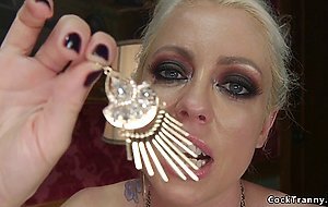 Rich babes dominate and fuck shemale