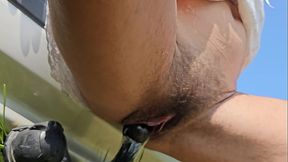 Fuck Tow Bar of my step uncle Retro car # Natural Hairy bush in nature