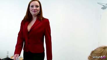 Ginger Redhead Cougar with big natural Bouncing Boobs test Boy at his First Time Casting Fuck
