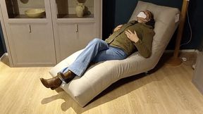 Risky public crossed legs orgasm in a furniture store