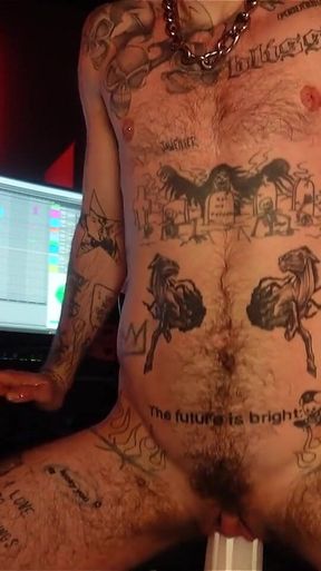 Ftm Musician XXX Skips Fills His Pink Pussy with Oversized Dildos in His Recording Studio