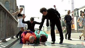 Lewd bald whore Mad Kate exposes her curves outdoors and gets fucked hard