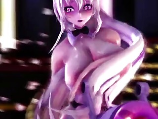 Futanari with big boobs dancing and masturbating with a pump