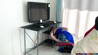Stepmom gets stuck into a desk and stepson fucks her