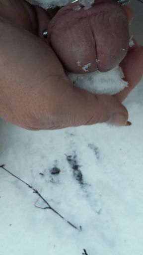 Winter challenge. My keyholder's task: put on a spiked ring and rub my little loser penis with snow.