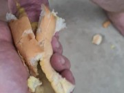 Guy shoves his cock between two saucy buns. ASMR. Hotdogs and mustard, not my proudest wank.
