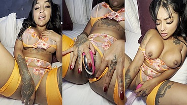 Playing with my dildo and vibrator in sexy orange lingerie