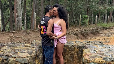 Ebony MILF fucks in the woods with a complete stranger