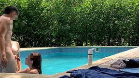 Natasha and Megan tan; guy cleans pool, then swims nude with the lucky one
