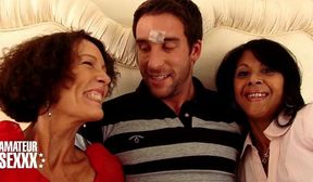 2 horny mature ladies having sex with a toyboy