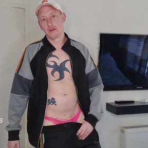 Tracksuit and thong ginger British scally lad