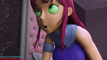 Futanari Starfire rides big cock while Raven wanks