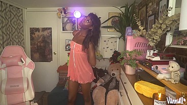 Massive Self-Facial Cumshot Vanniall Jacks Off Her Big GirlCock - Black Trans BBC Facial Webcam