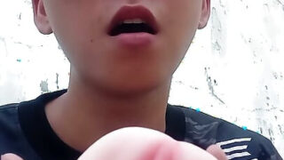 Horny young guy with a massive dick masturbates outside