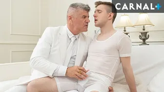 Suited DILF Dillon Stone barebacks twink Reese Rideout with his huge cock