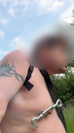 Walking Naked in Park.. with Nipple Clamps and Ballstretcher