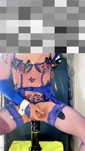 Cute Femboy in High Heels Very Sexy Blue Stocking Lingerie Showing His Panties Outside