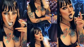 Cleopatra in a long leather dress, black lips and her seductive cigarette - Dunhill White 100