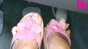 Revving My Car in Pink Flowered Flip Flops
