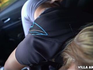 Wager lost and defiance fulfilled - Oral job in the car outdoors