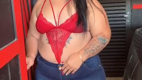 hot black haired brazil latina Cristina in skintight blue Credential 8845 Jeans and high heels