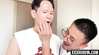 Hiroya kisses his student and sucks his big hard cock before bareback fucking