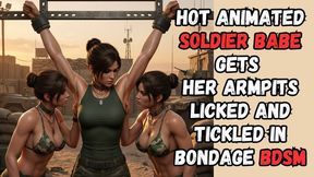 Sexy animated Soldier babe with sweaty armpits gets her gorgeous smooth toned muscled armpits licked and tickled by two kinky fetish girls in BDSM Bondage
