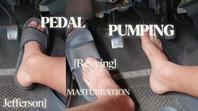 Man in flip flops masturbating by pumping car pedals (T)