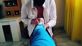 A slave gives me a foot massage in socks and sniffs my firm legs. Sock fetish, foot worship. POV.