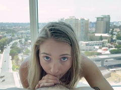 Blonde schoolegirl babe with small boobs does blowjob in pov